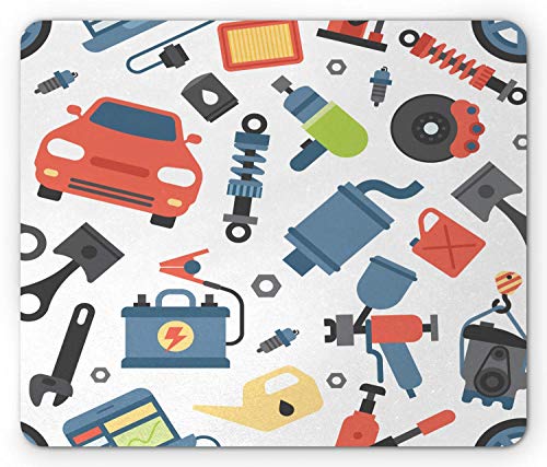 Alfombrilla de ratón para mecánico de automóviles, dibujos de estilo caricaturesco de elementos de reparación de automóviles, pictogramas de colores impresos, alfombrilla rectangular de goma antidesli